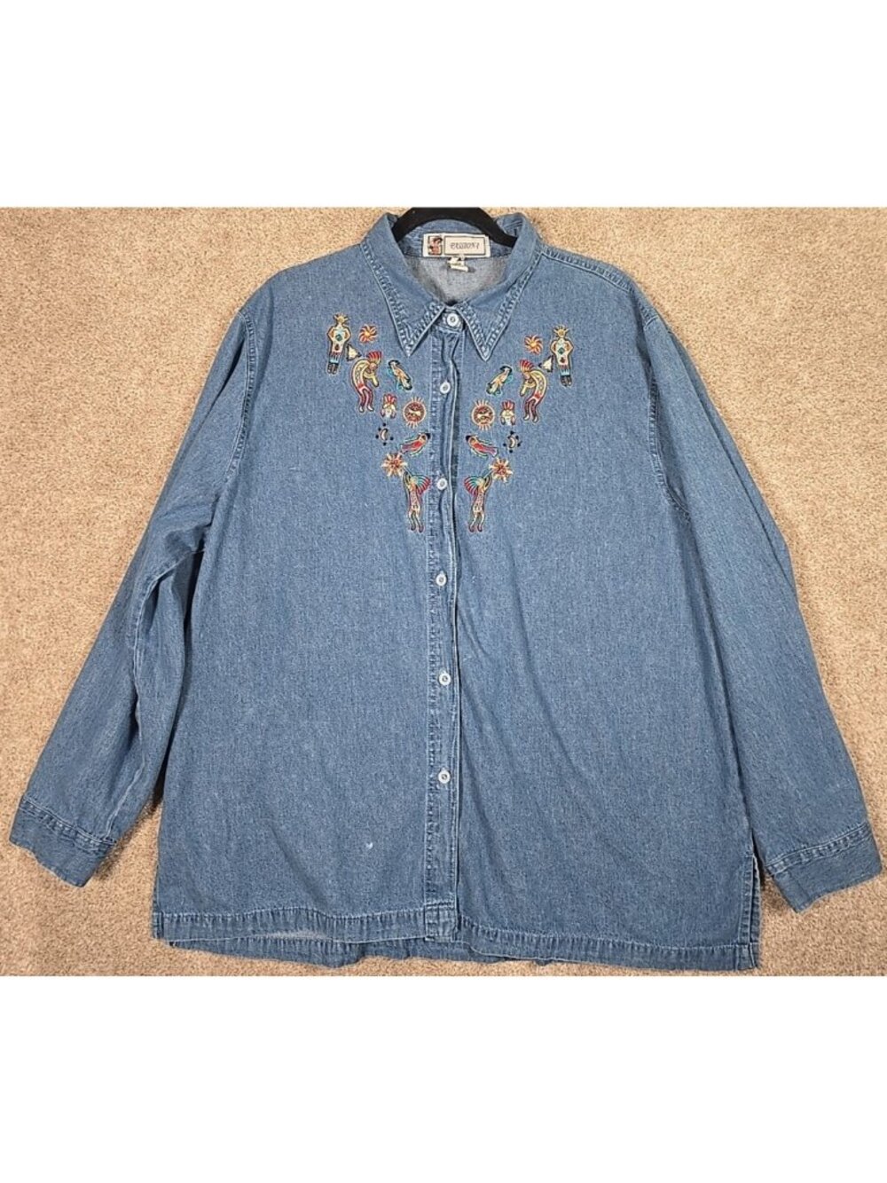 Passion-I Southwestern Kokopelli Embroidery Button Up Chambray Denim Shirt 3X